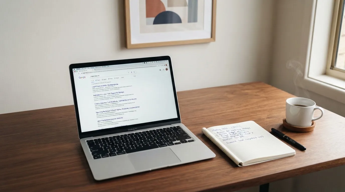 A tidy desk with a laptop open on a plain search-results page, a notebook and a coffee cup beside it, no screens showing any casino branding.