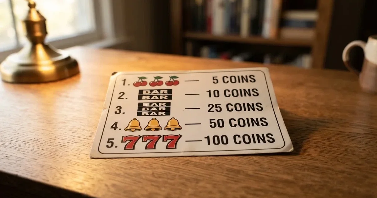 A printed strip of generic slot symbols and payout numbers laid on a desk, like a reference chart rather than a live game.