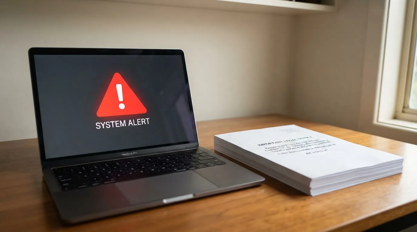 A red triangular warning sign icon on a laptop screen next to a stack of legal papers, symbolising an official caution rather than any specific website.