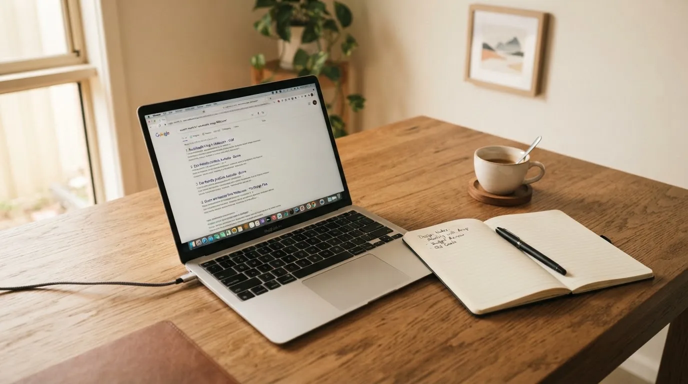 A tidy desk with a laptop open on a plain search-results page, a notebook and a coffee cup beside it, no screens showing any casino branding.