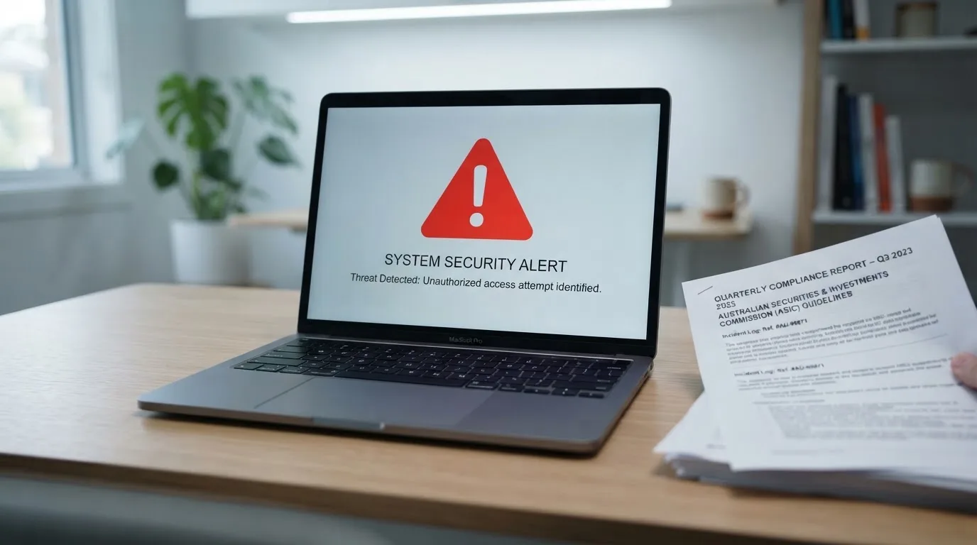 A red triangular warning sign icon on a laptop screen next to a stack of legal papers, symbolising an official caution rather than any specific website.