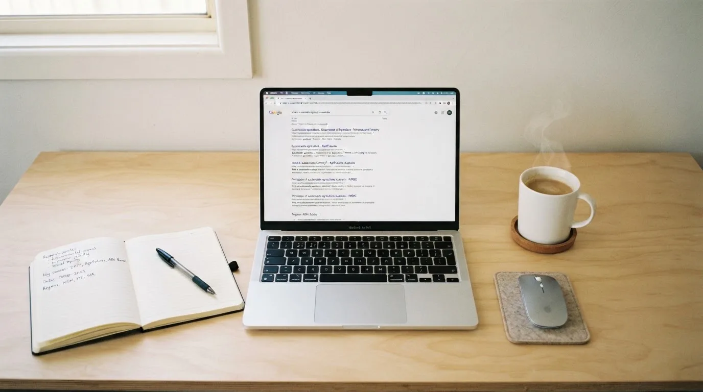 A tidy desk with a laptop open on a plain search-results page, a notebook and a coffee cup beside it, no screens showing any casino branding.