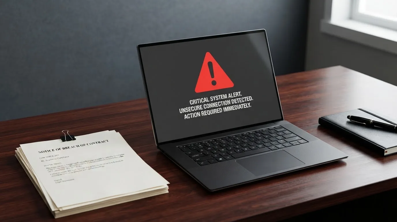 A red triangular warning sign icon on a laptop screen next to a stack of legal papers, symbolising an official caution rather than any specific website.