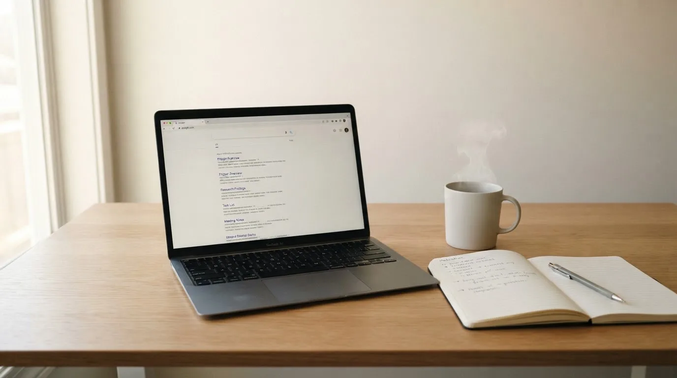 A tidy desk with a laptop open on a plain search-results page, a notebook and a coffee cup beside it, no screens showing any casino branding.