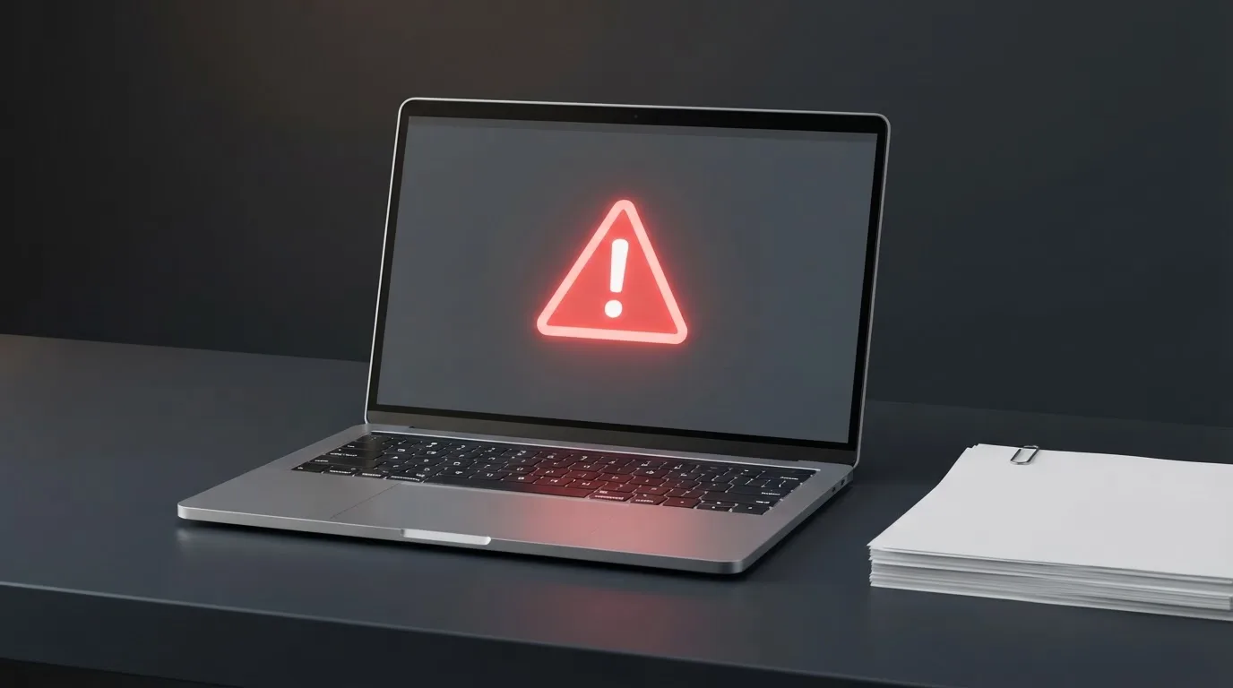 A red triangular warning sign icon on a laptop screen next to a stack of legal papers, symbolising an official caution rather than any specific website.