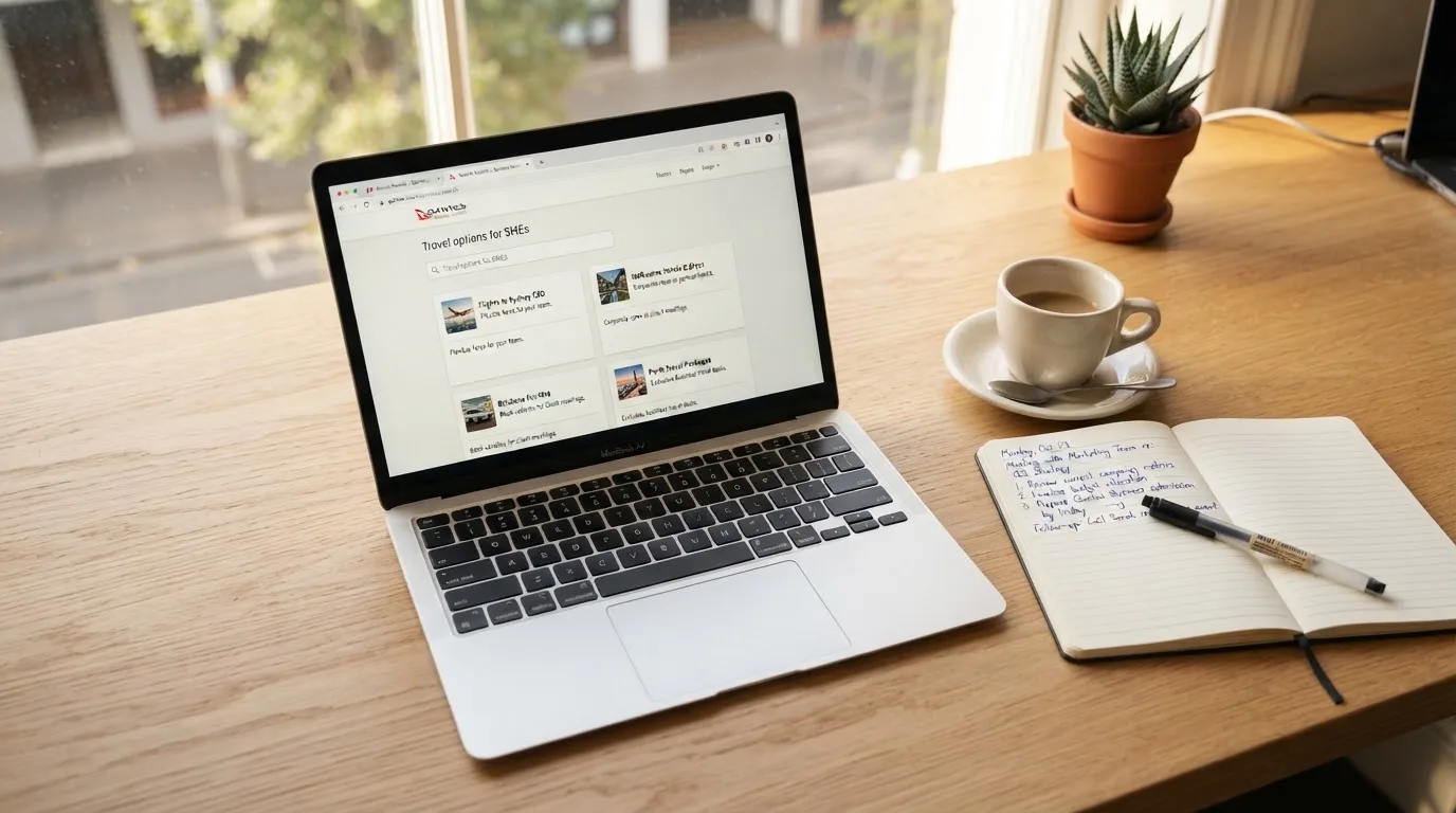 A tidy desk with a laptop open on a plain search-results page, a notebook and a coffee cup beside it, no screens showing any casino branding.