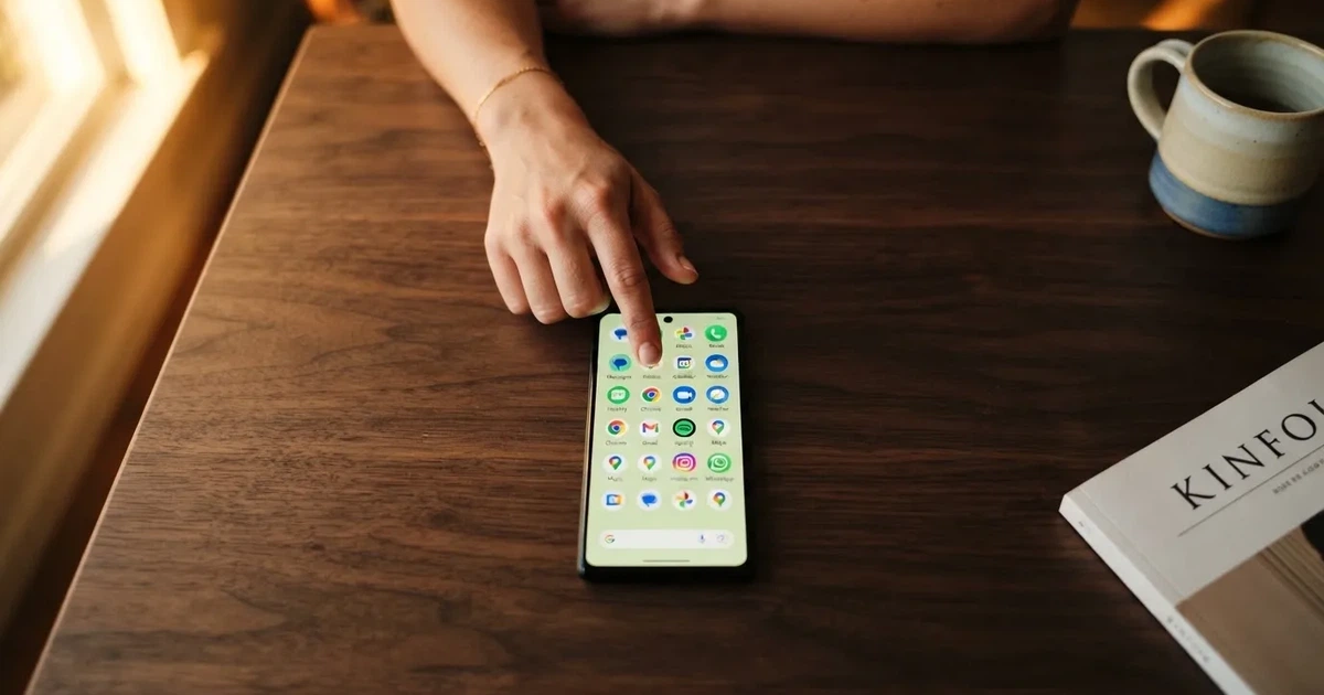 A hand tapping a smartphone screen showing generic app icons, none of them branded.