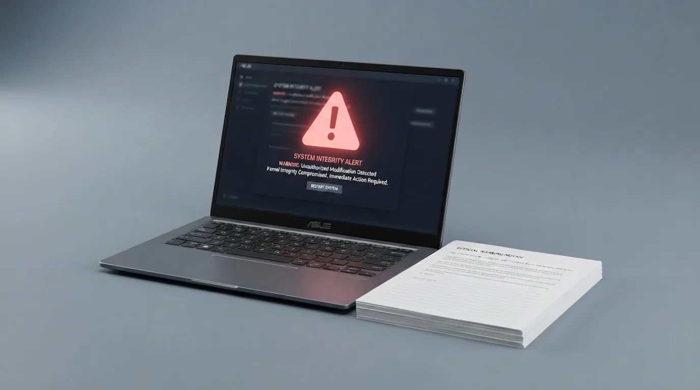 A red triangular warning sign icon on a laptop screen next to a stack of legal papers, symbolising an official caution rather than any specific website.