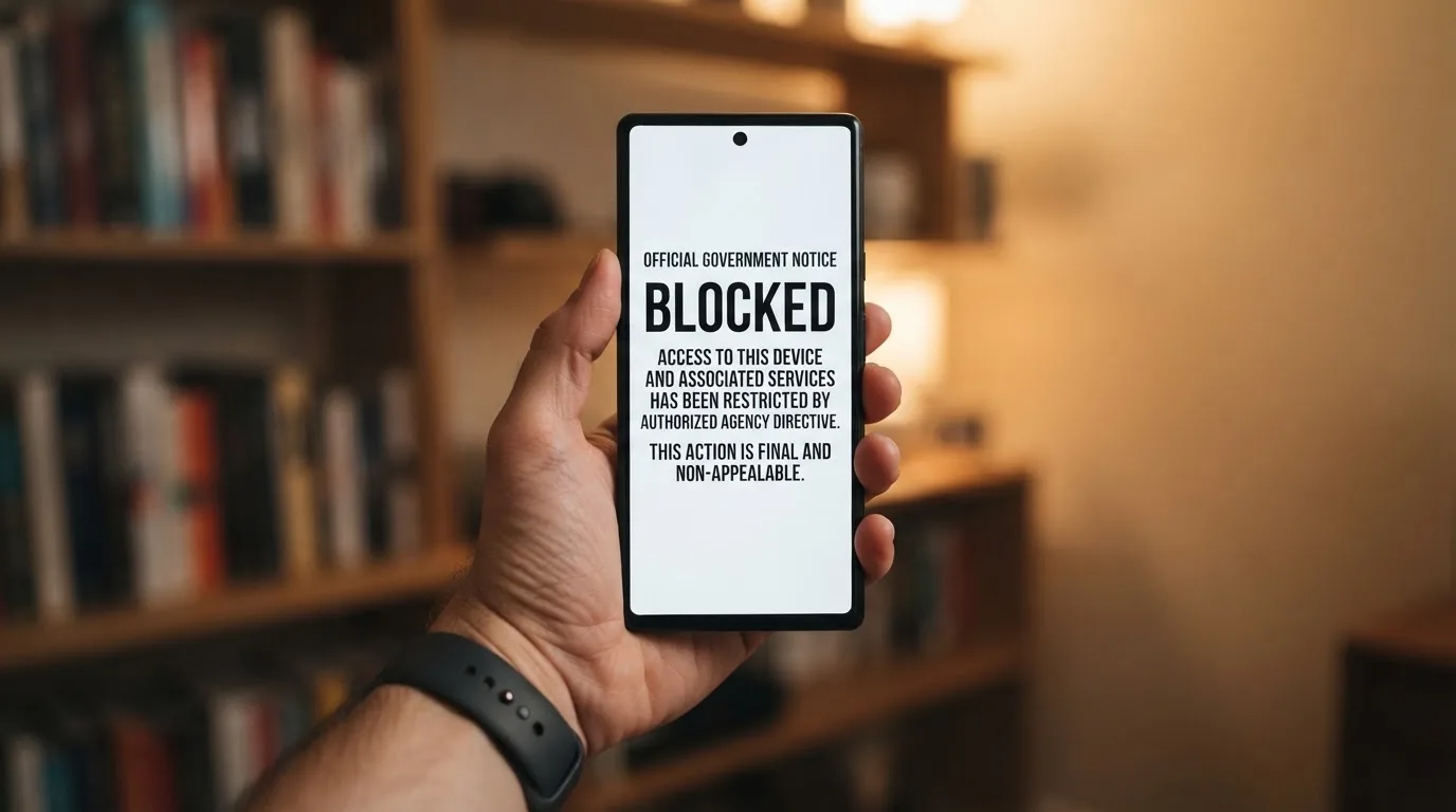 A smartphone screen showing a plain government warning notice about a blocked website, held against a blurred background.