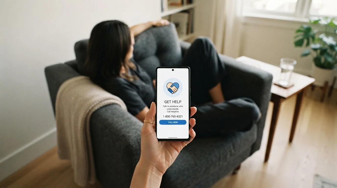 A person sitting calmly with a phone open to a support helpline page, no gaming screen visible.