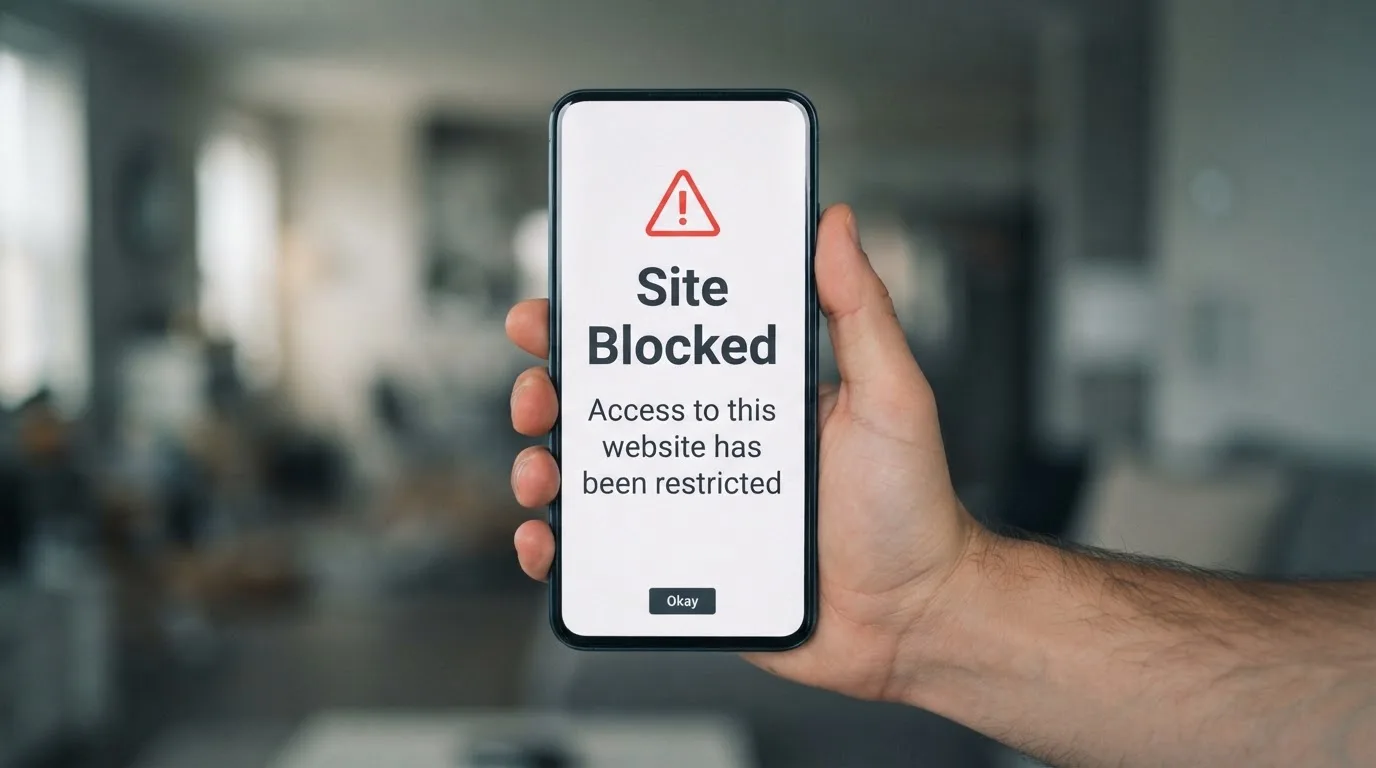 A smartphone screen showing a plain government warning notice about a blocked website, held against a blurred background.