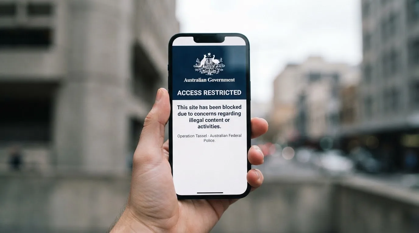 A smartphone screen showing a plain government warning notice about a blocked website, held against a blurred background.