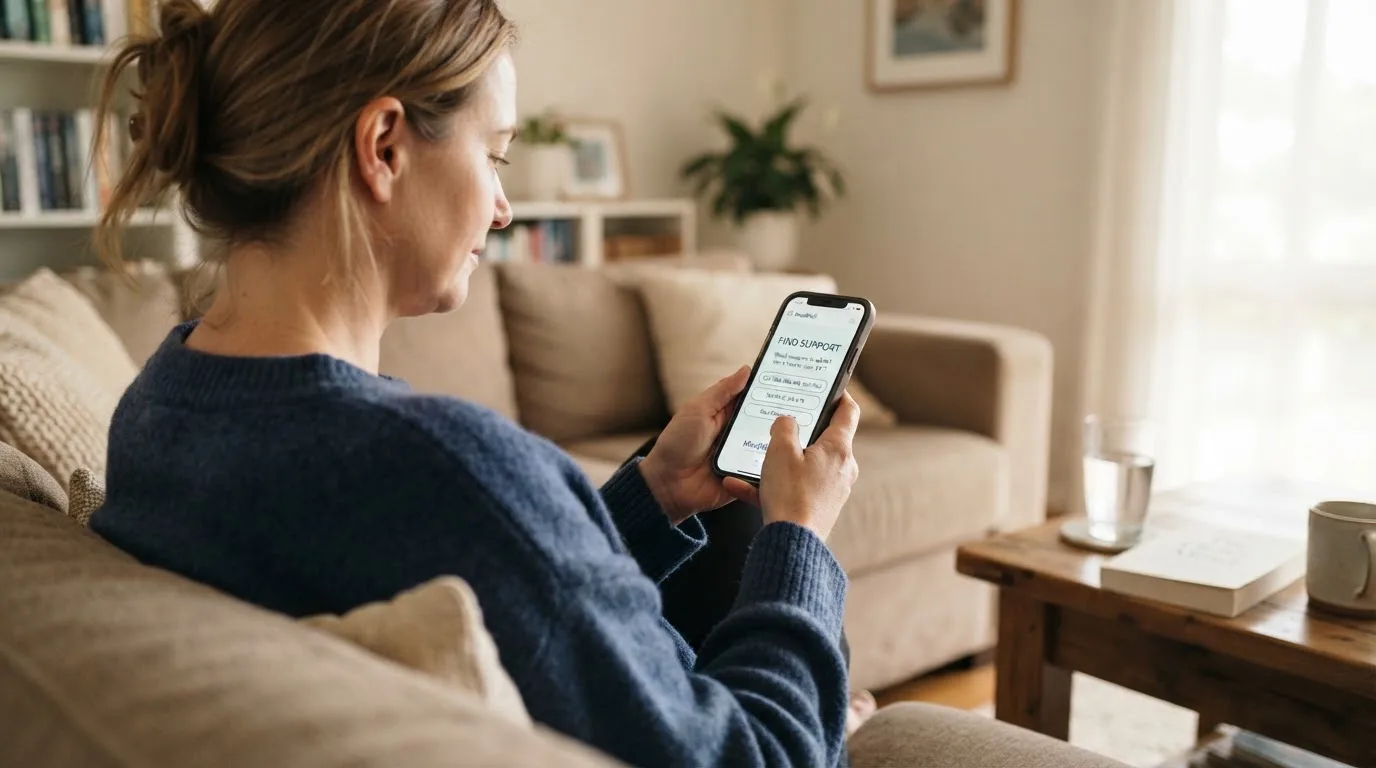 A person sitting calmly with a phone open to a support helpline page, no gaming screen visible.