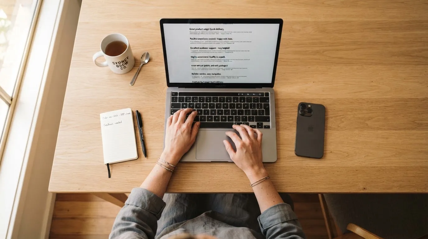 A person at a kitchen table scrolling through review pages on a laptop, phone face-down beside them.