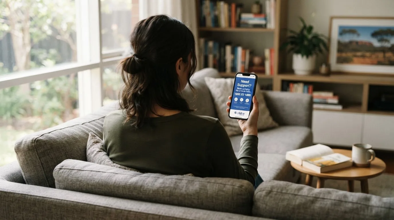 A person sitting calmly with a phone open to a support helpline page, no gaming screen visible.