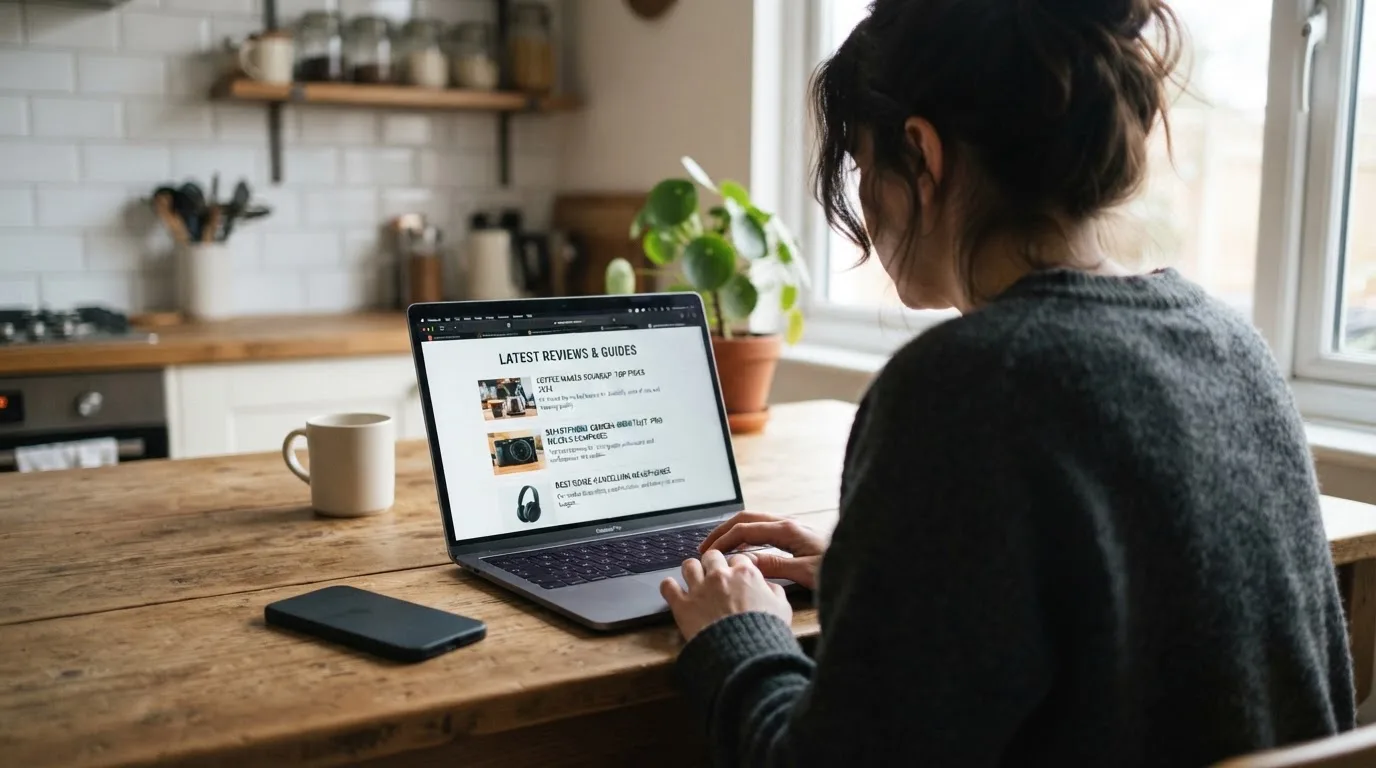A person at a kitchen table scrolling through review pages on a laptop, phone face-down beside them.