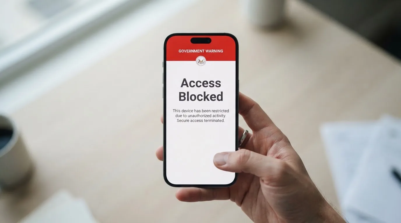 A smartphone screen showing a plain government warning notice about a blocked website, held against a blurred background.