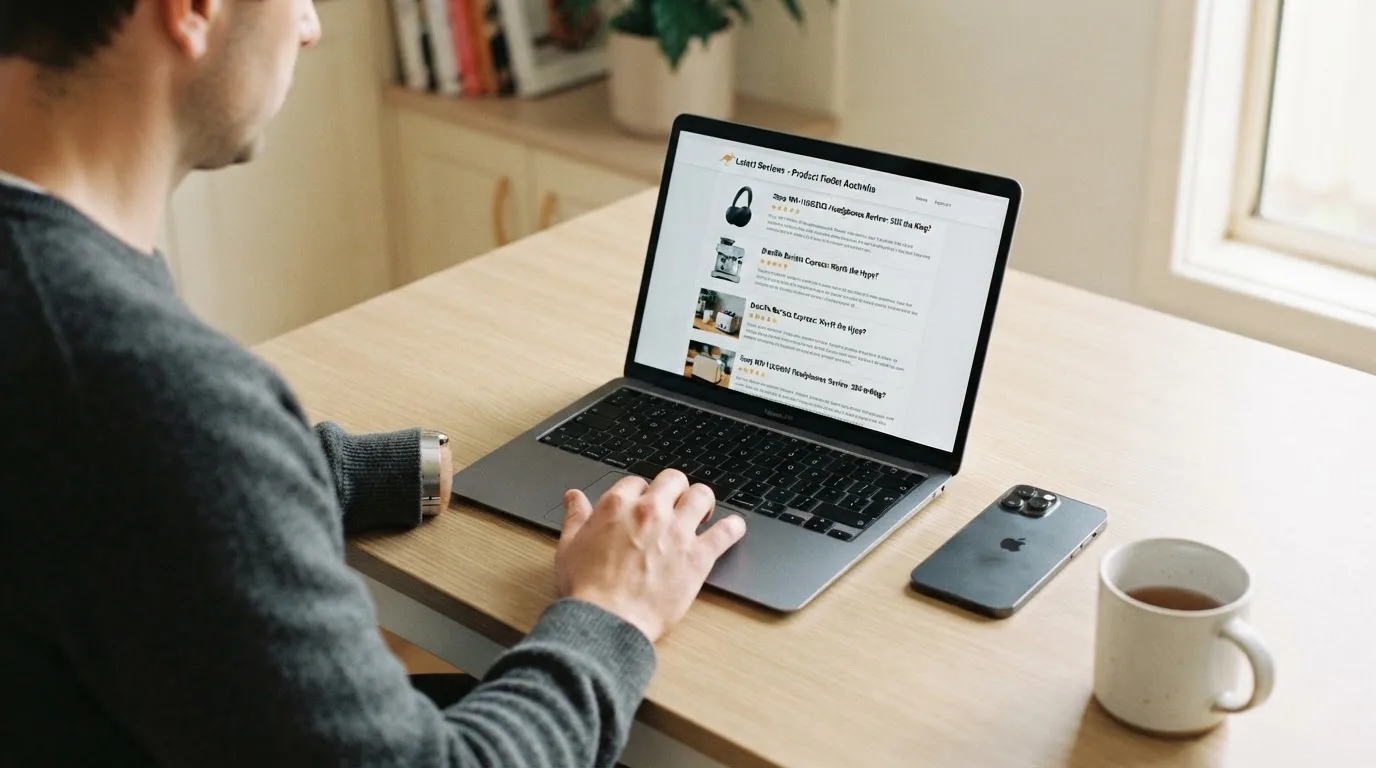 A person at a kitchen table scrolling through review pages on a laptop, phone face-down beside them.