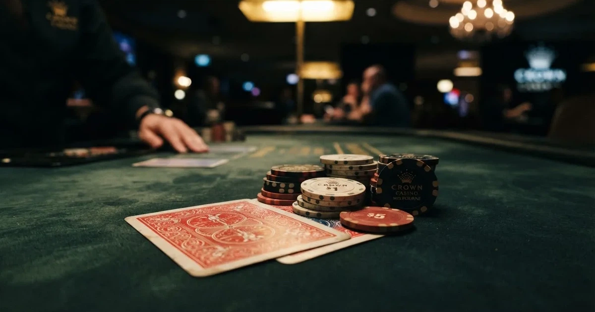 A close-up of a green felt gaming table with cards and chips mid-hand.