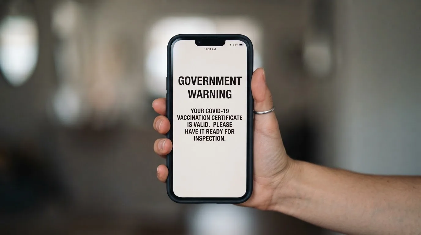 A smartphone screen showing a plain government warning notice about a blocked website, held against a blurred background.