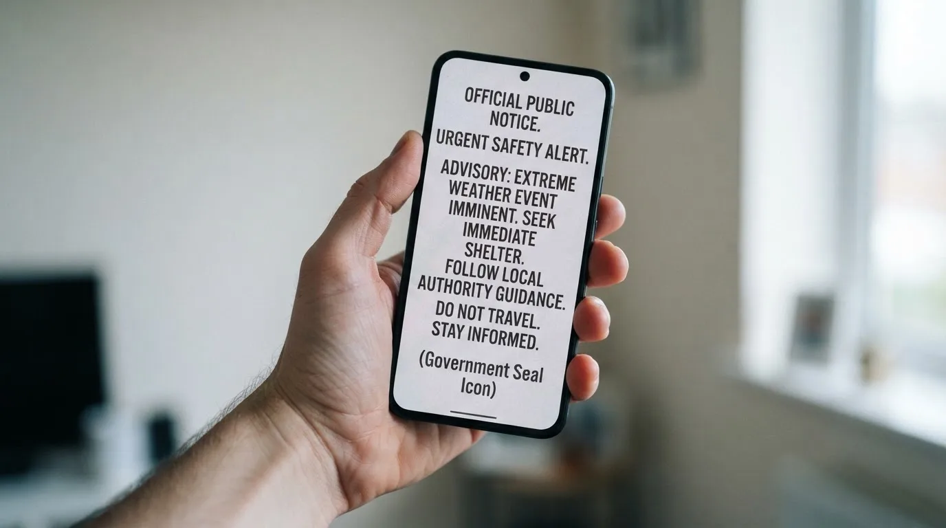 A smartphone screen showing a plain government warning notice about a blocked website, held against a blurred background.