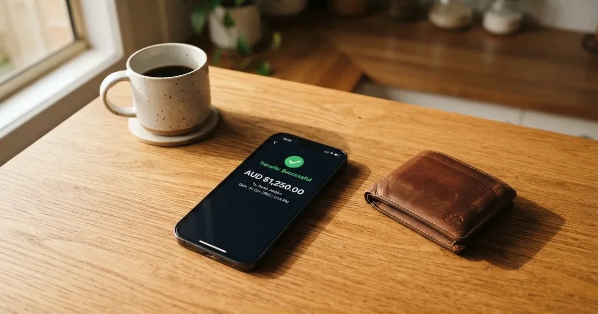 A phone screen showing a bank transfer confirmation, held next to a wallet on a table.