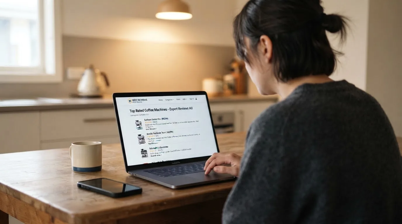 A person at a kitchen table scrolling through review pages on a laptop, phone face-down beside them.
