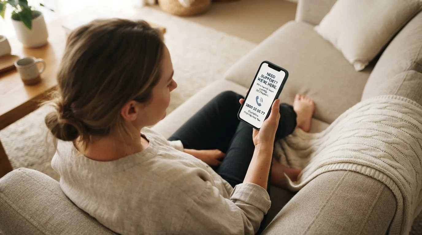 A person sitting calmly with a phone open to a support helpline page, no gaming screen visible.