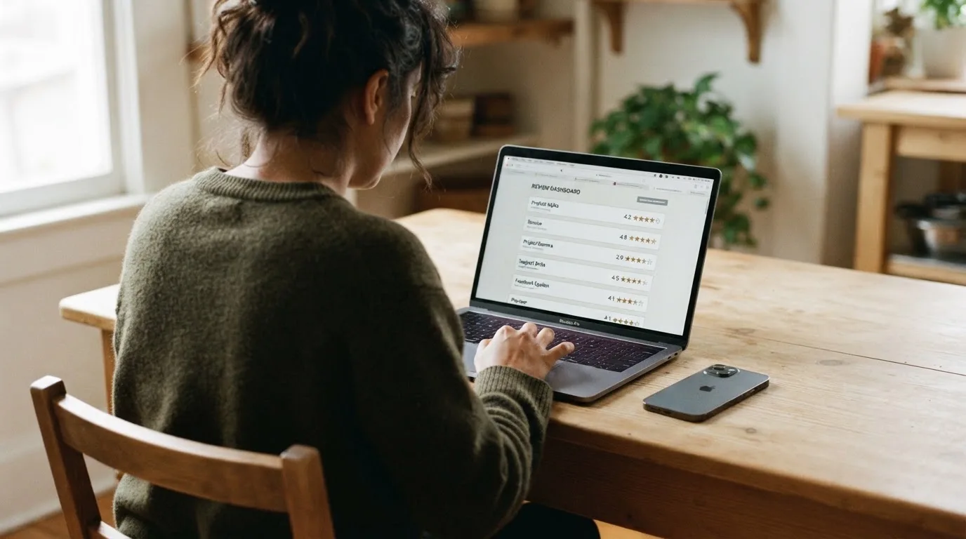 A person at a kitchen table scrolling through review pages on a laptop, phone face-down beside them.