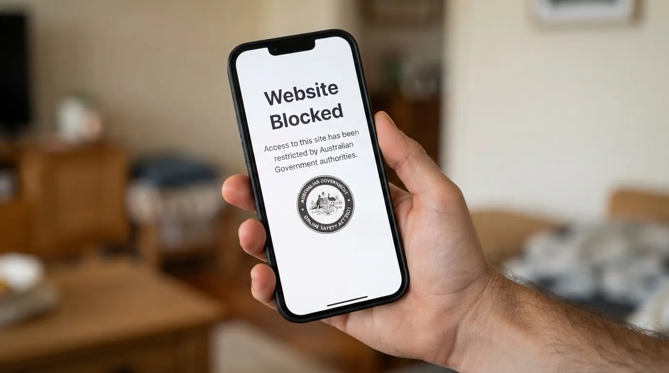 A smartphone screen showing a plain government warning notice about a blocked website, held against a blurred background.