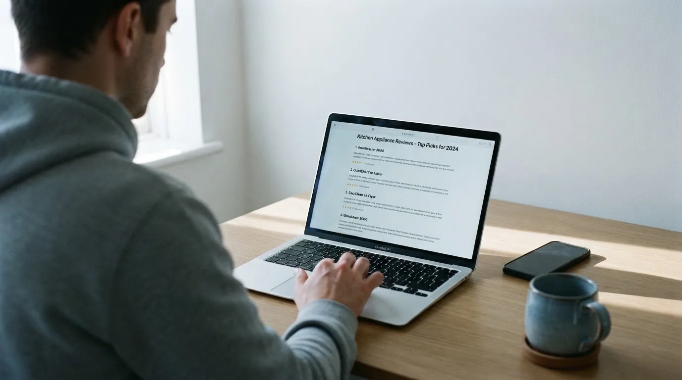 A person at a kitchen table scrolling through review pages on a laptop, phone face-down beside them.