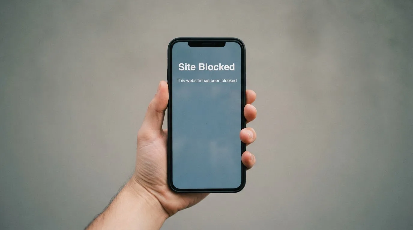 A smartphone screen showing a plain government warning notice about a blocked website, held against a blurred background.