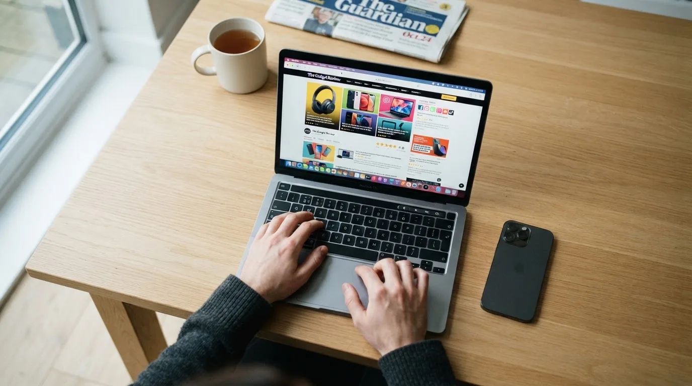 A person at a kitchen table scrolling through review pages on a laptop, phone face-down beside them.