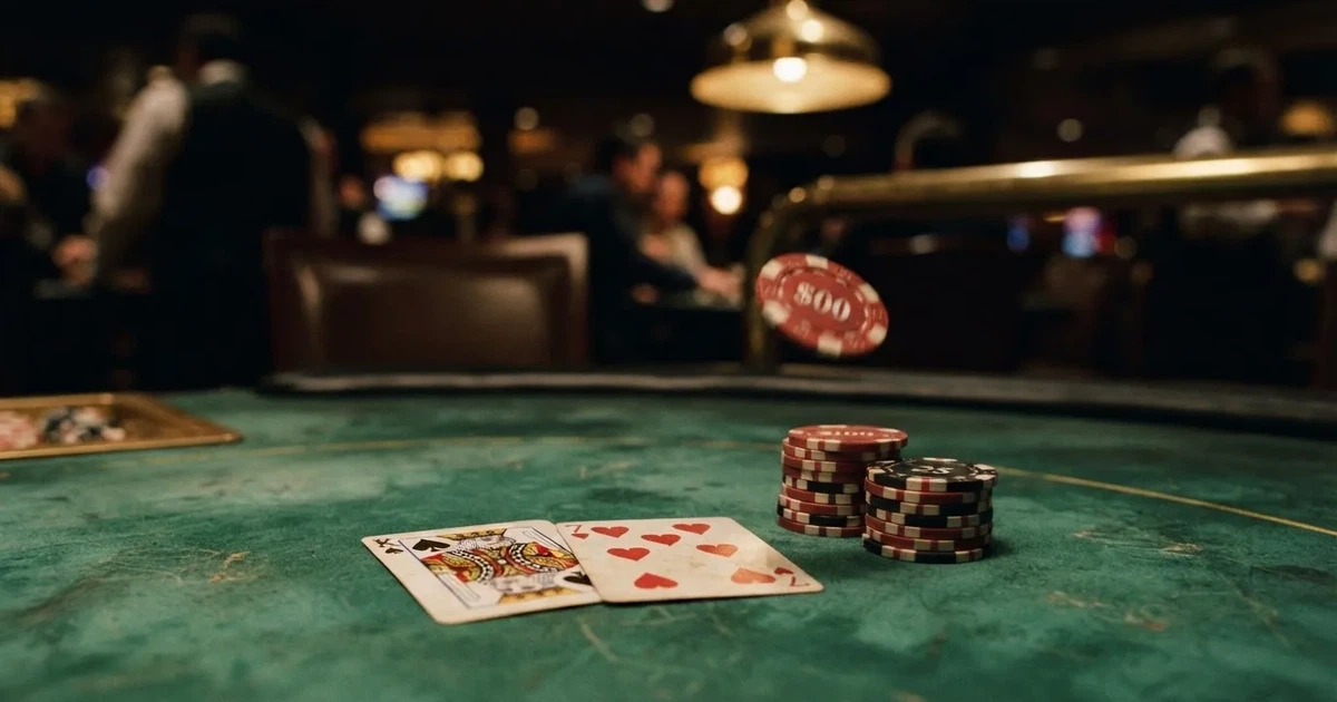 A close-up of a green felt gaming table with cards and chips mid-hand.
