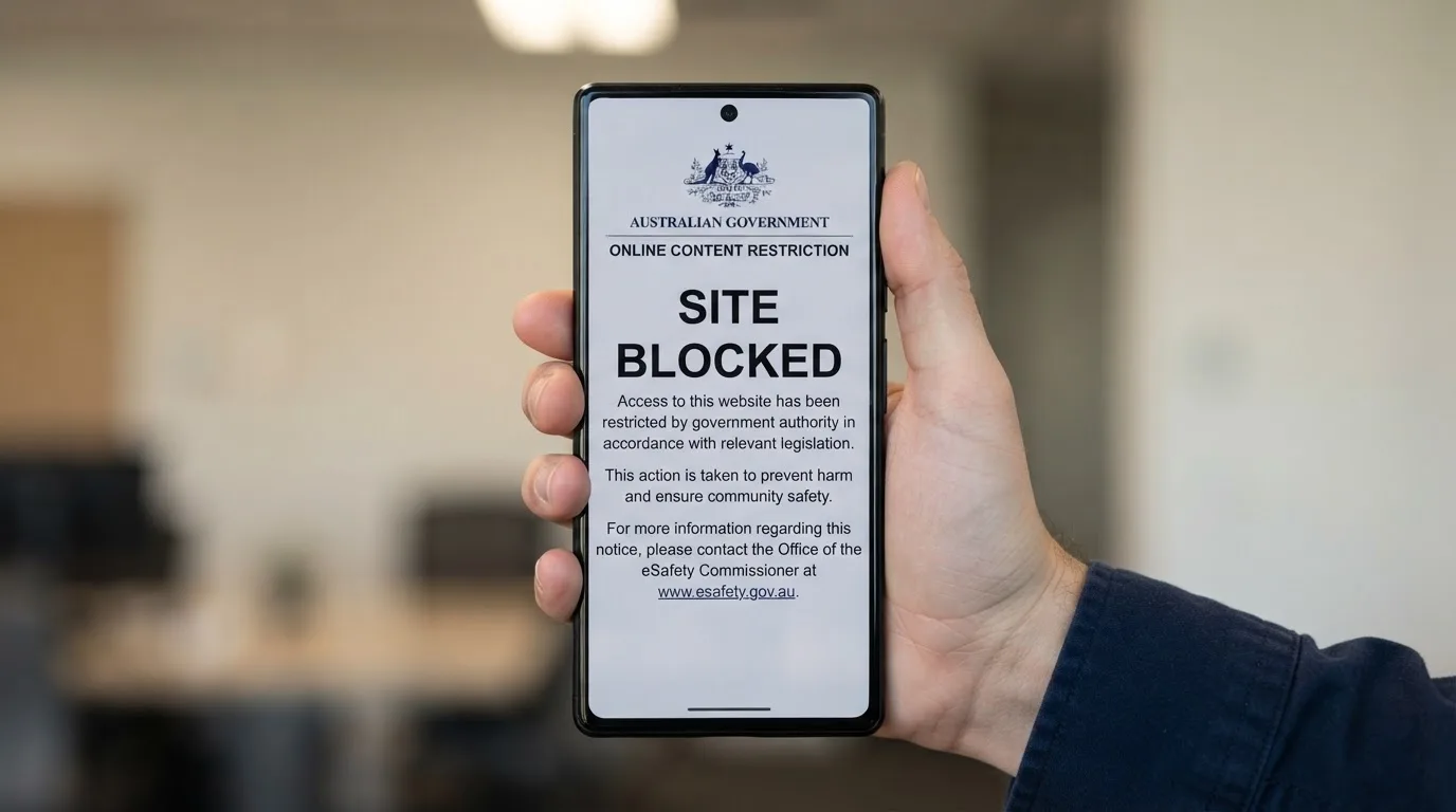 A smartphone screen showing a plain government warning notice about a blocked website, held against a blurred background.