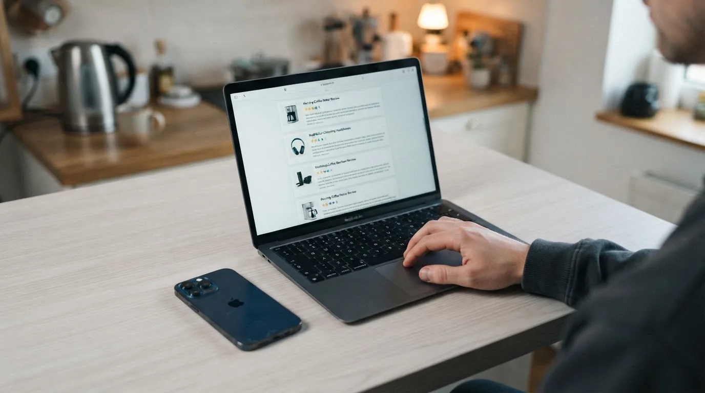 A person at a kitchen table scrolling through review pages on a laptop, phone face-down beside them.