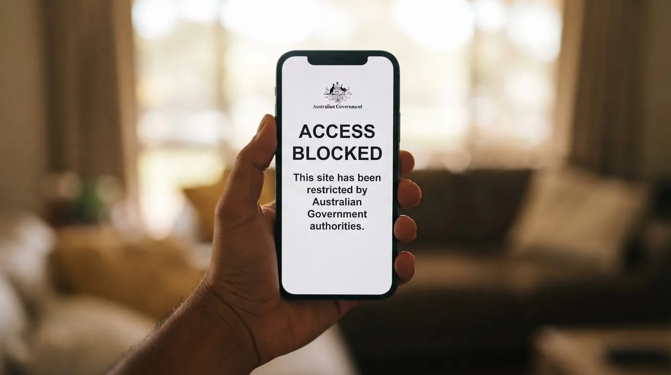 A smartphone screen showing a plain government warning notice about a blocked website, held against a blurred background.