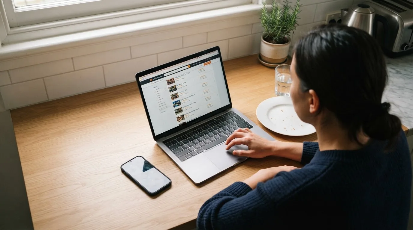 A person at a kitchen table scrolling through review pages on a laptop, phone face-down beside them.