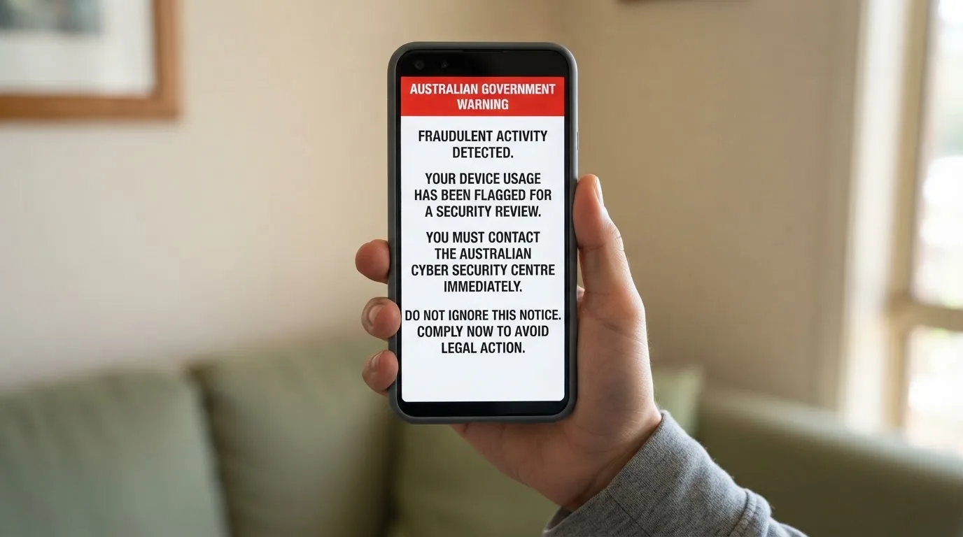 A smartphone screen showing a plain government warning notice about a blocked website, held against a blurred background.