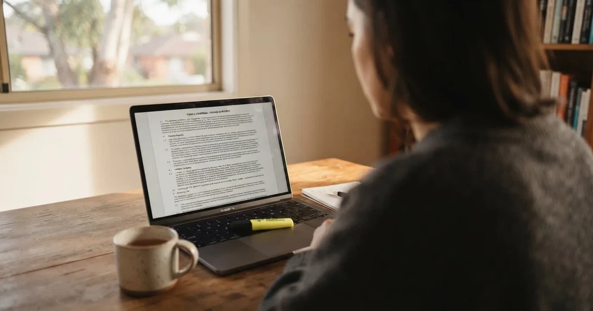 A laptop screen showing a page of terms and conditions text with a highlighter resting nearby.