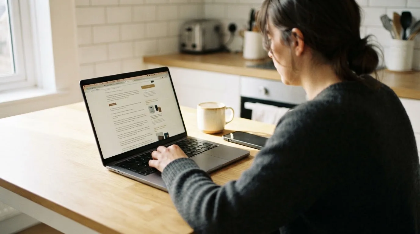 A person at a kitchen table scrolling through review pages on a laptop, phone face-down beside them.