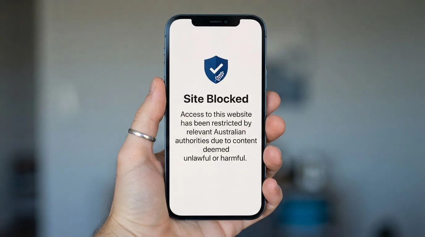 A smartphone screen showing a plain government warning notice about a blocked website, held against a blurred background.