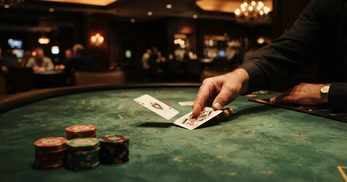 A close-up of a green felt gaming table with cards and chips mid-hand.