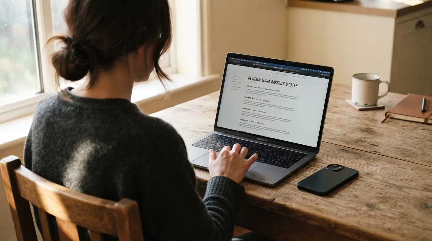 A person at a kitchen table scrolling through review pages on a laptop, phone face-down beside them.