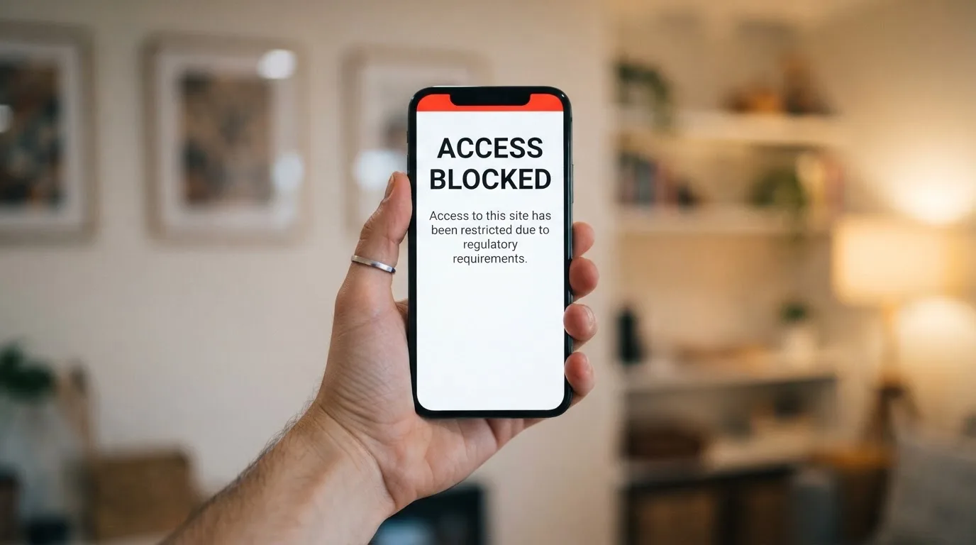 A smartphone screen showing a plain government warning notice about a blocked website, held against a blurred background.