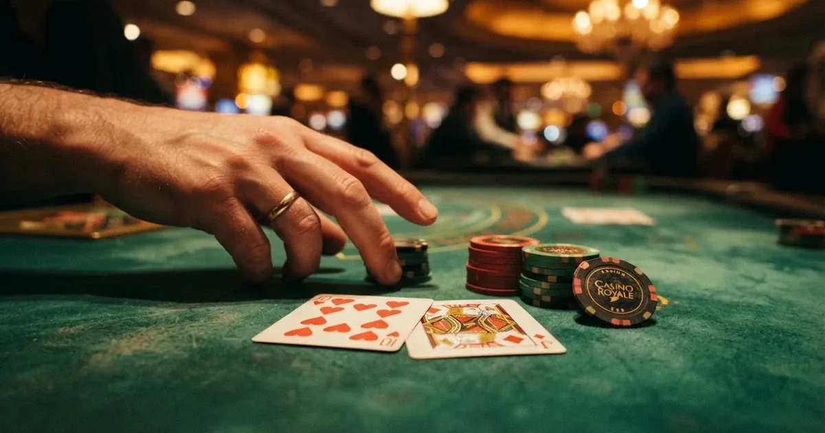 A close-up of a green felt gaming table with cards and chips mid-hand.