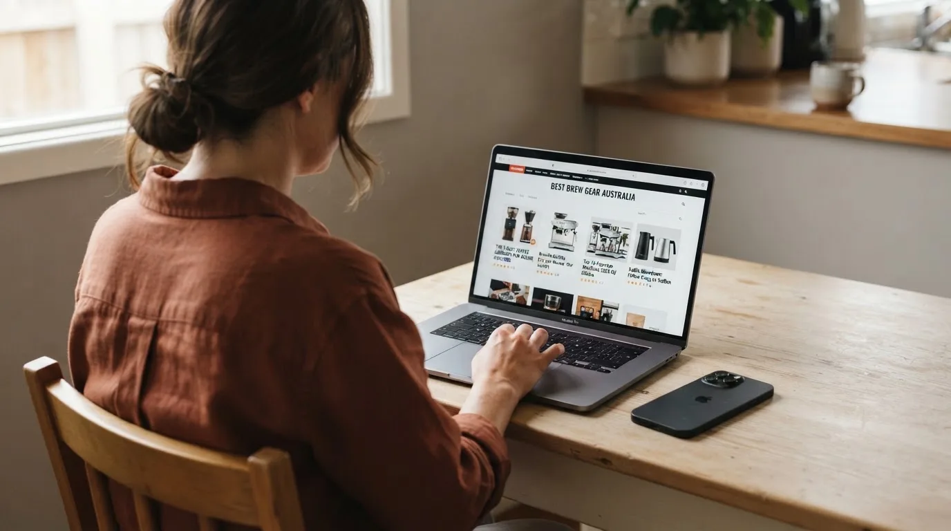 A person at a kitchen table scrolling through review pages on a laptop, phone face-down beside them.