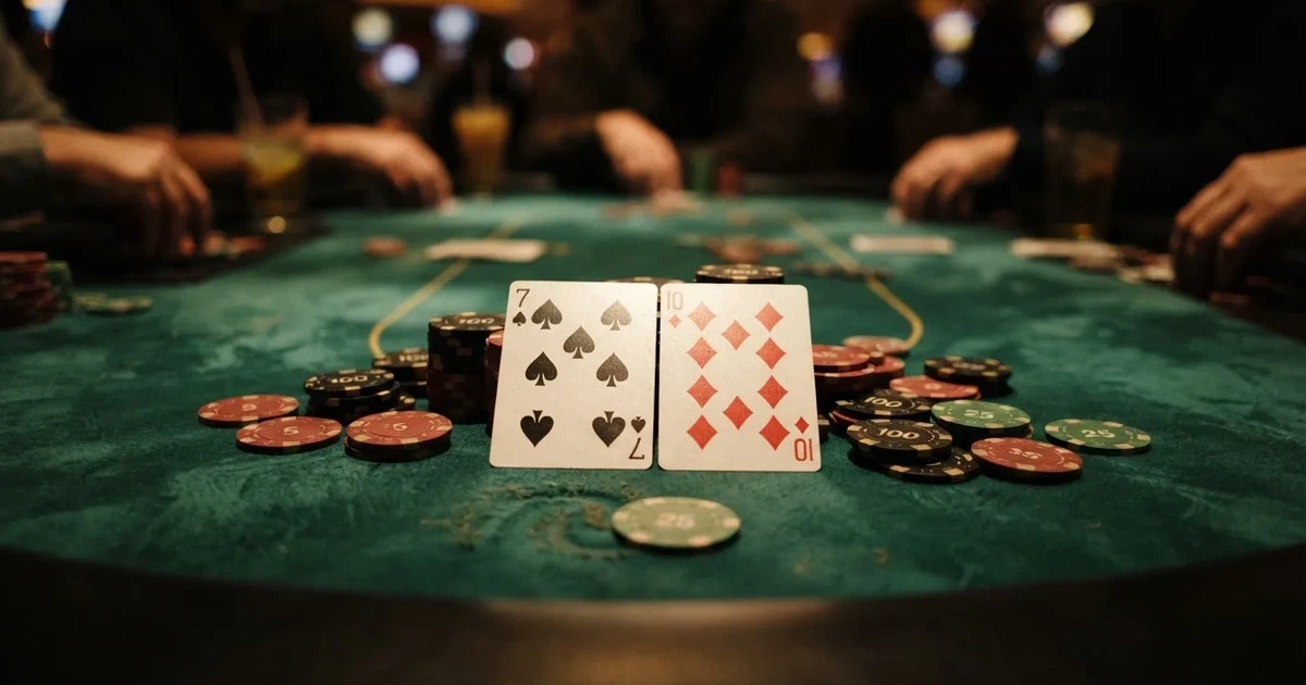 A close-up of a green felt gaming table with cards and chips mid-hand.