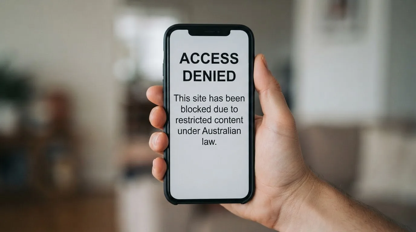 A smartphone screen showing a plain government warning notice about a blocked website, held against a blurred background.