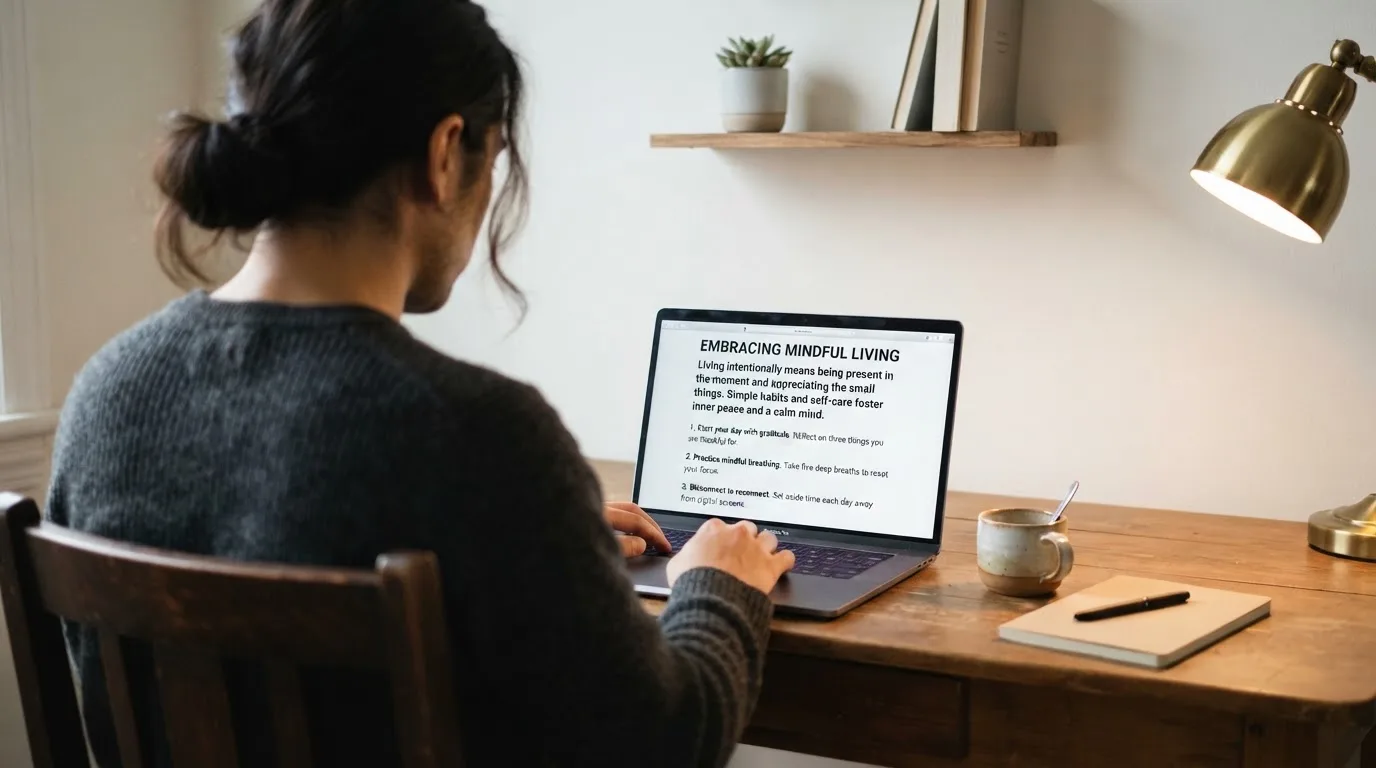 A person at a laptop reading a plain-language explainer article at a home desk.